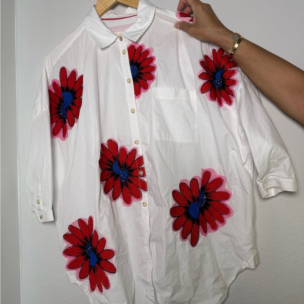 Anthropology Floral Embroidered White Shirt